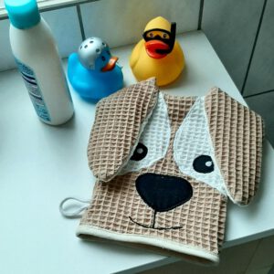 Waschhandschuh "Hund" aus Waffelpique-Stoff